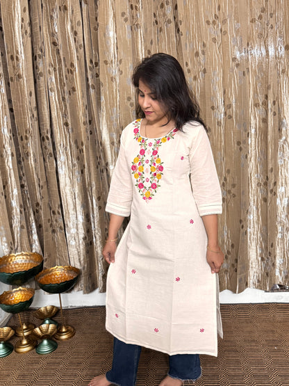 Off White Khadi Cotton Embroidery Kurta