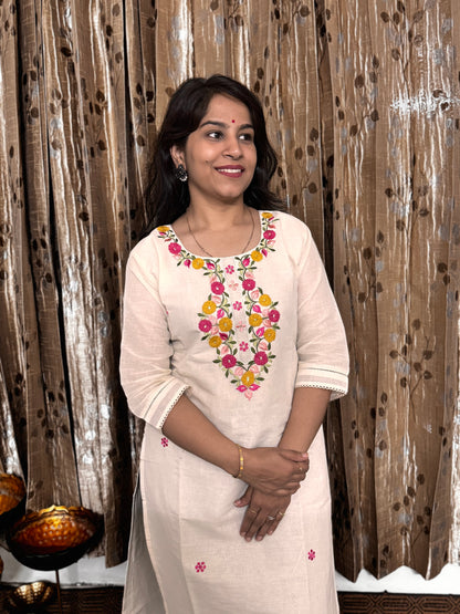 Off White Khadi Cotton Embroidery Kurta