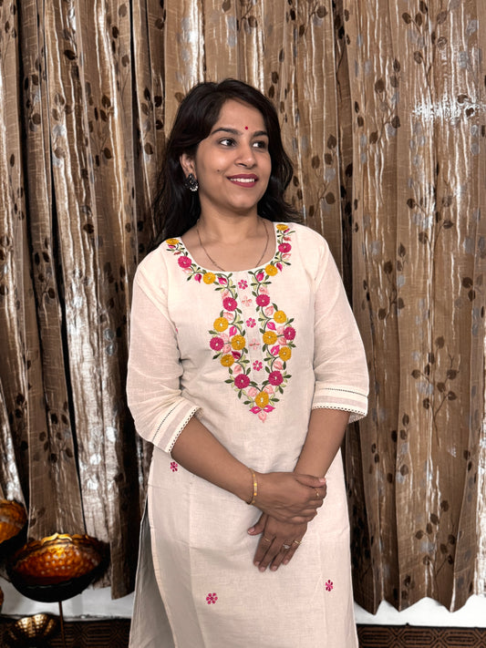 Off White Khadi Cotton Embroidery Kurta