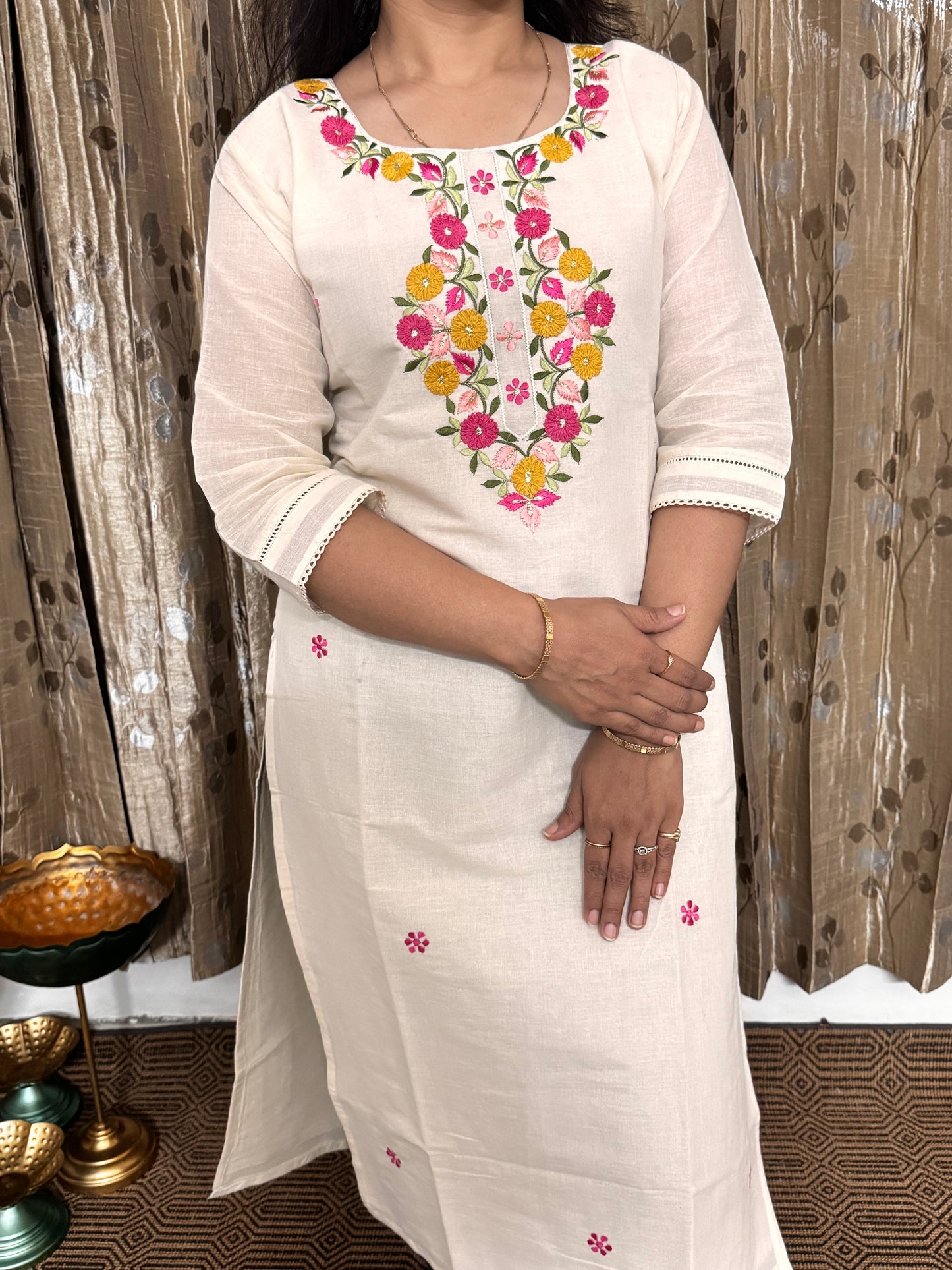 Off White Khadi Cotton Embroidery Kurta