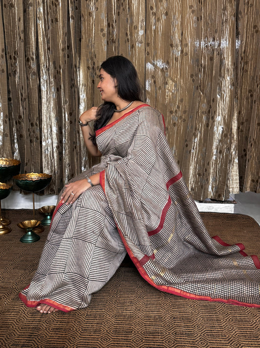 Box and Stripes Chanderi Silk Cotton Saree