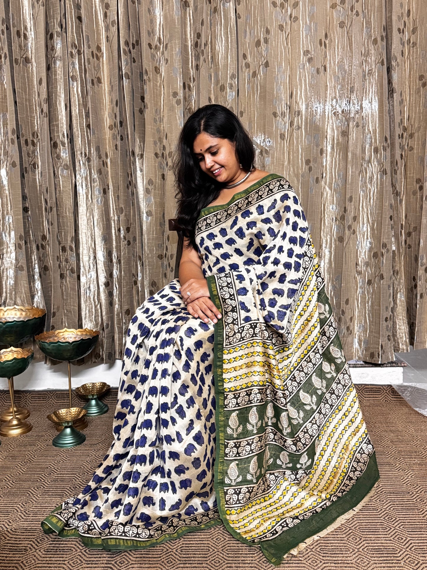 Beige and Blue Elephant Print Chanderi Silk Cotton Saree