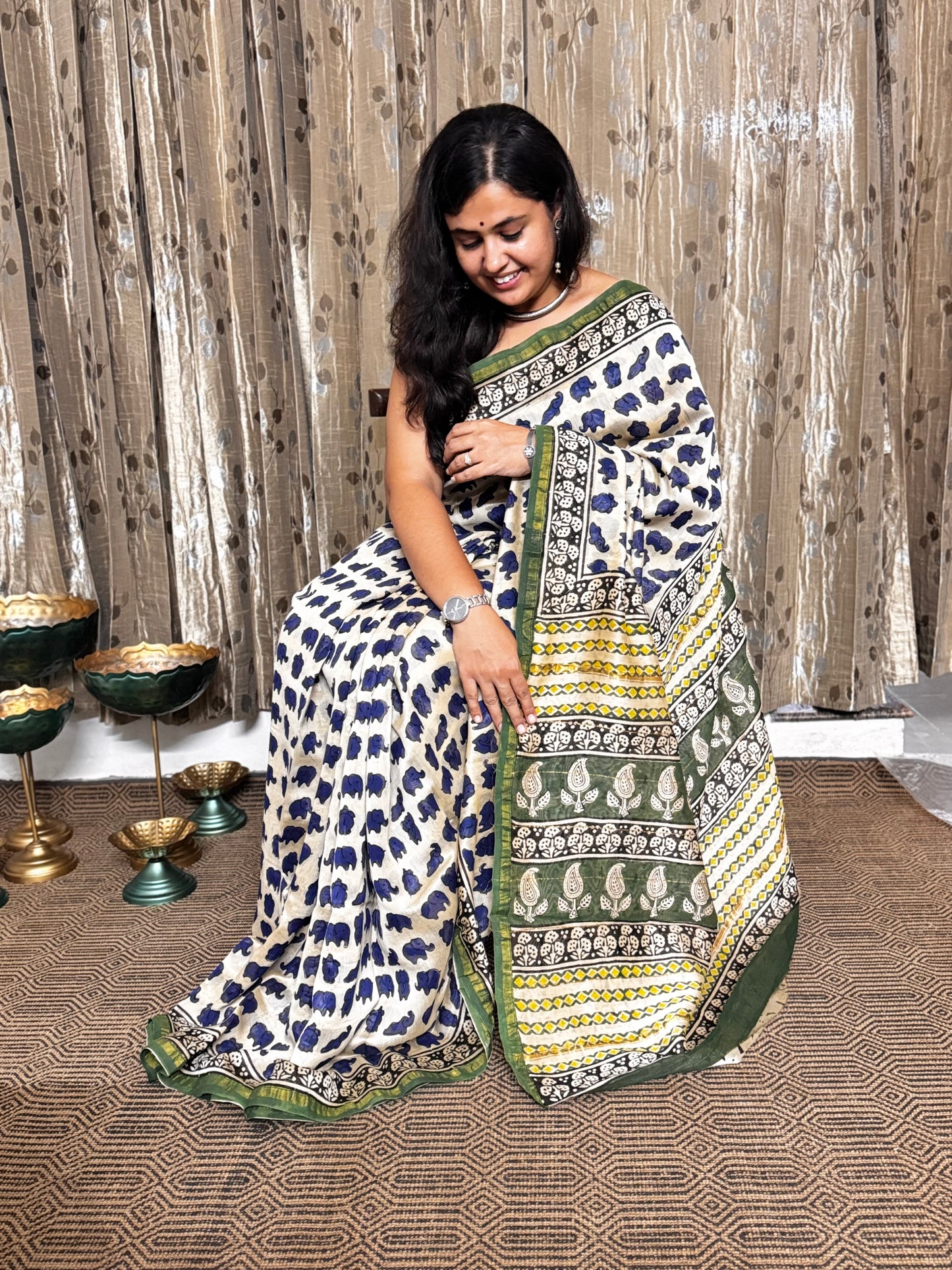 Beige and Blue Elephant Print Chanderi Silk Cotton Saree