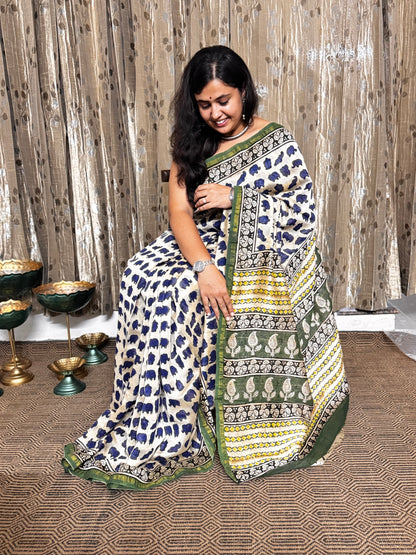 Beige and Blue Elephant Print Chanderi Silk Cotton Saree