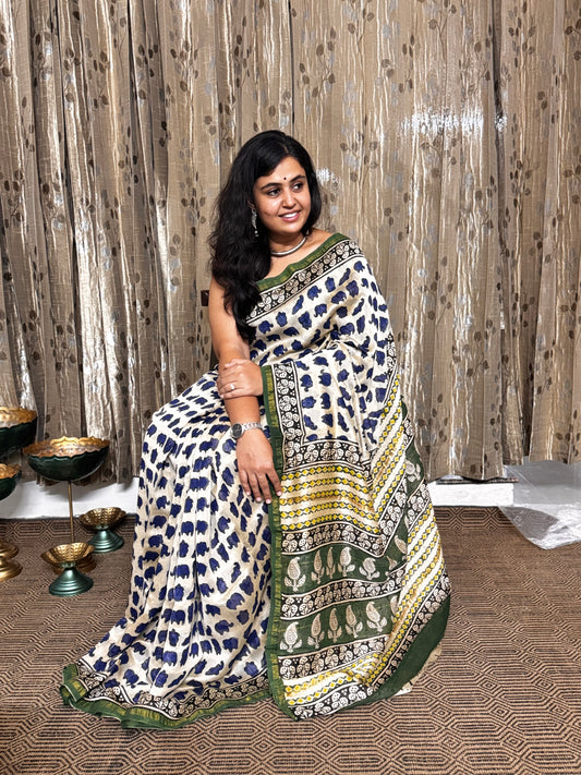 Beige and Blue Elephant Print Chanderi Silk Cotton Saree