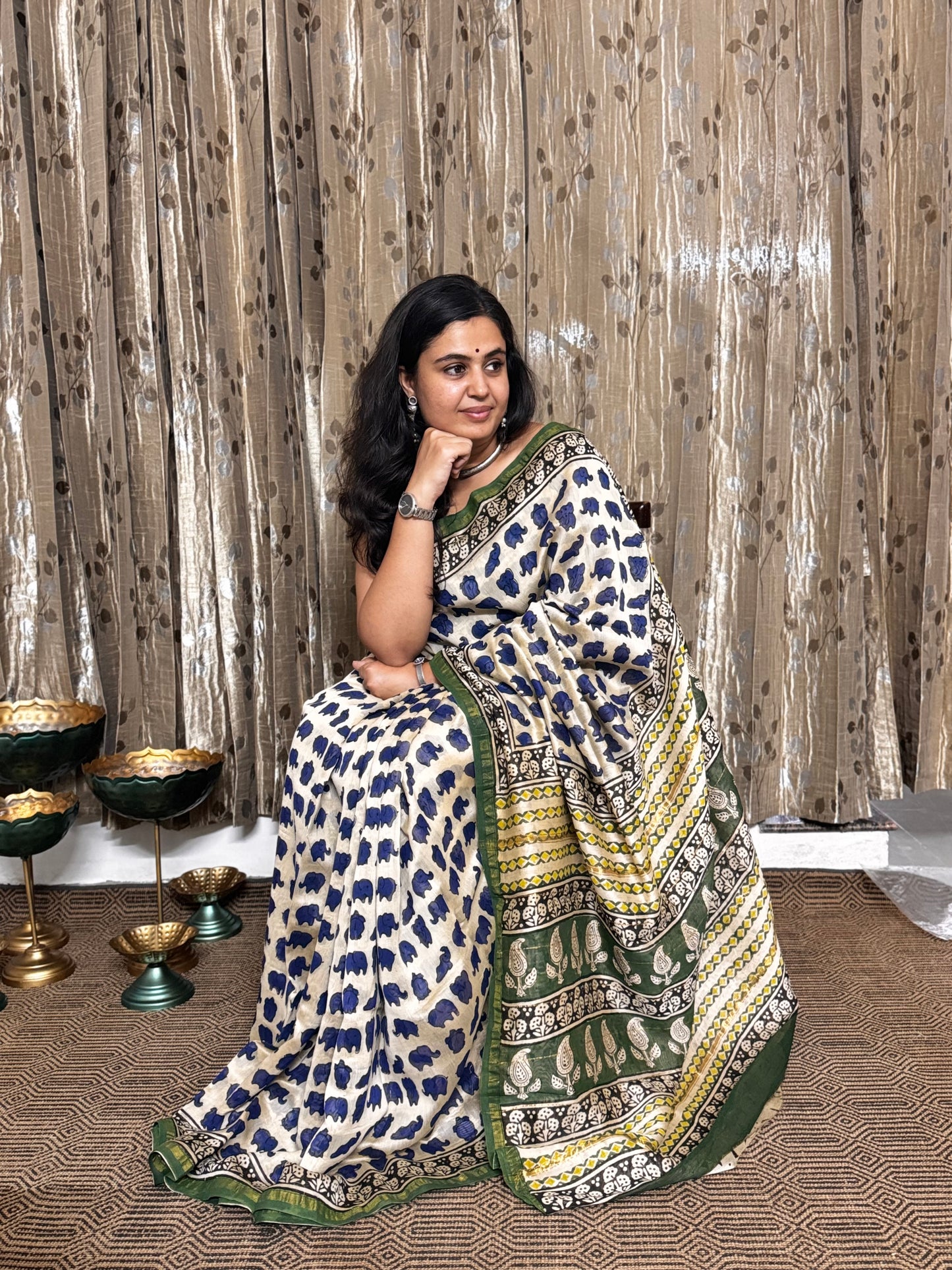 Beige and Blue Elephant Print Chanderi Silk Cotton Saree