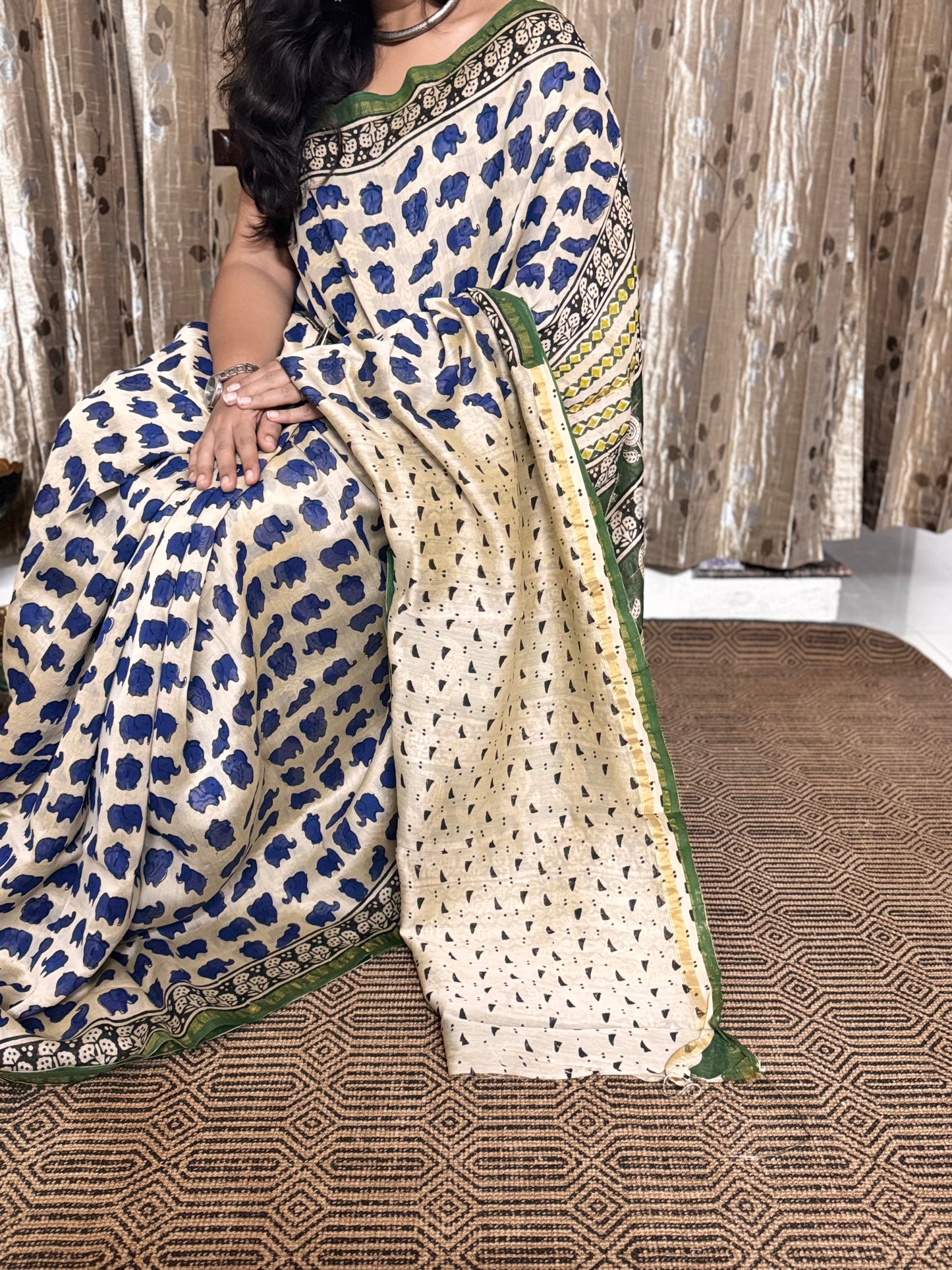 Beige and Blue Elephant Print Chanderi Silk Cotton Saree