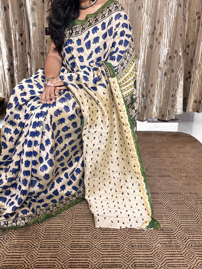 Beige and Blue Elephant Print Chanderi Silk Cotton Saree