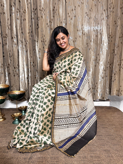 Beige Elephant Print Chanderi Silk Cotton Saree