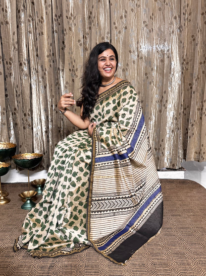 Beige Elephant Print Chanderi Silk Cotton Saree
