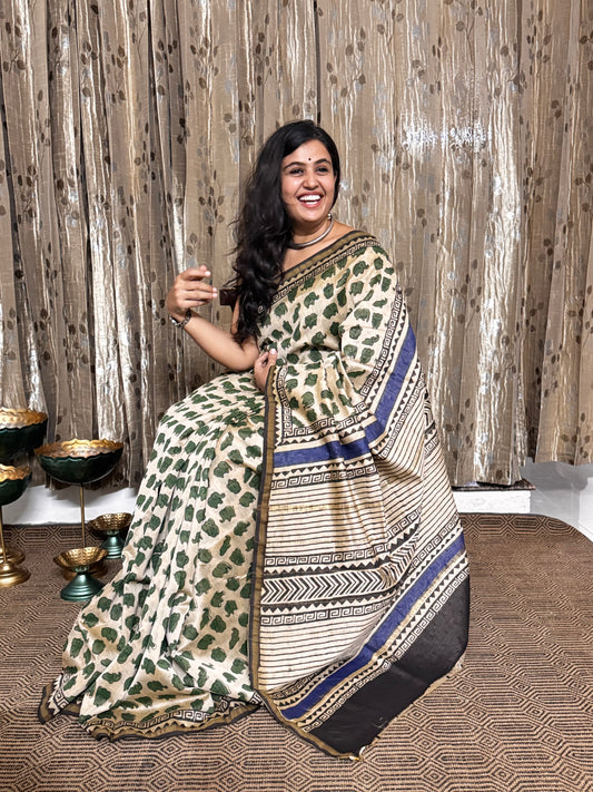 Beige Elephant Print Chanderi Silk Cotton Saree