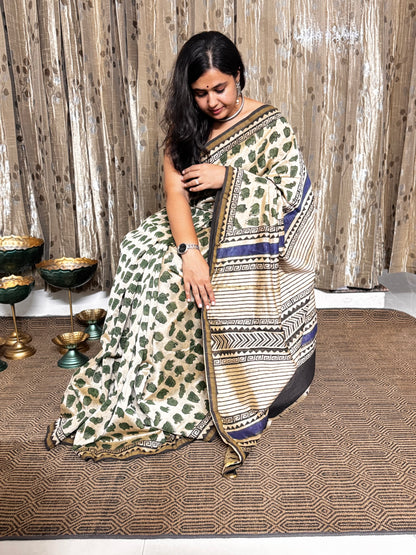 Beige Elephant Print Chanderi Silk Cotton Saree