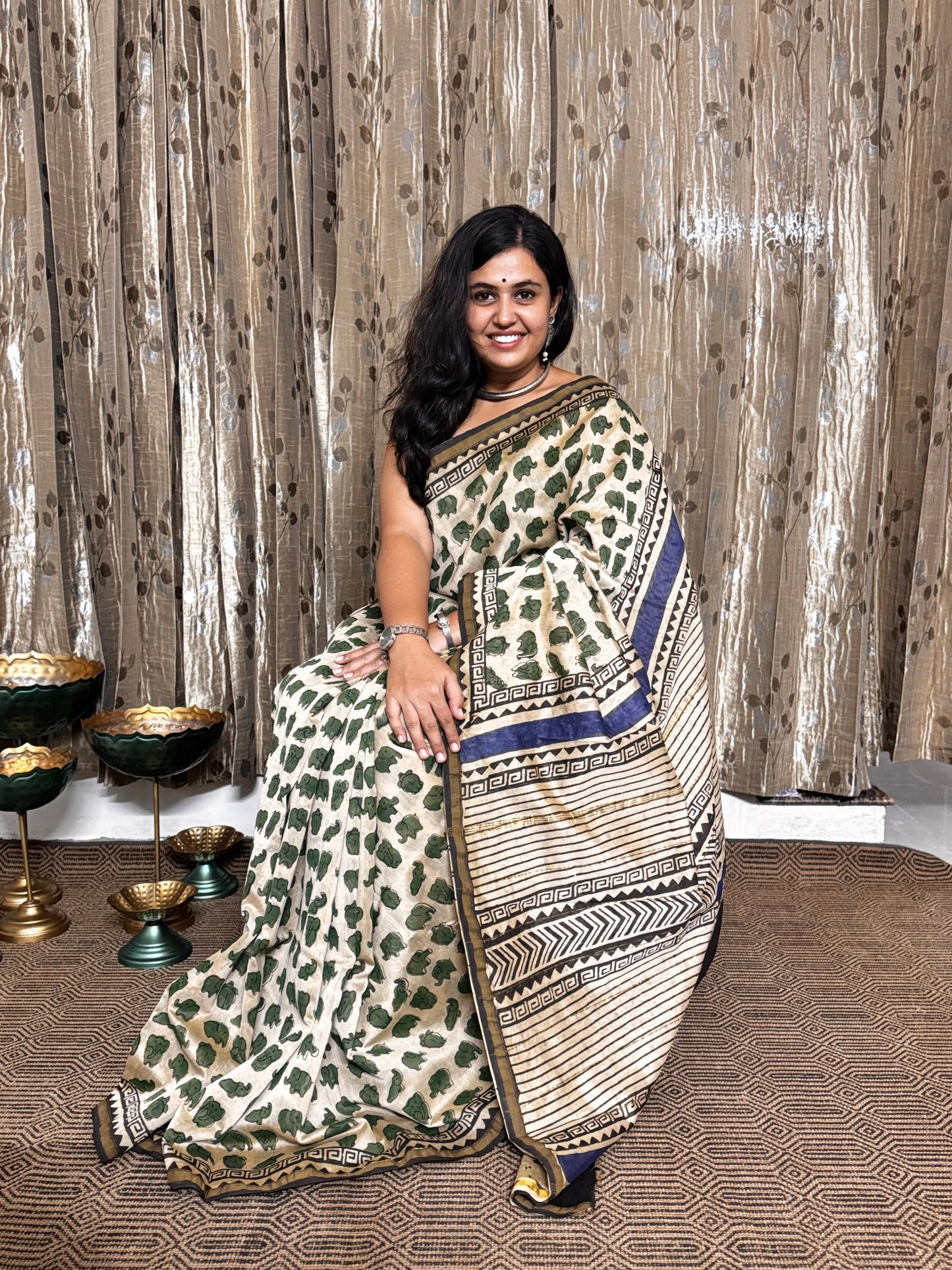Beige Elephant Print Chanderi Silk Cotton Saree