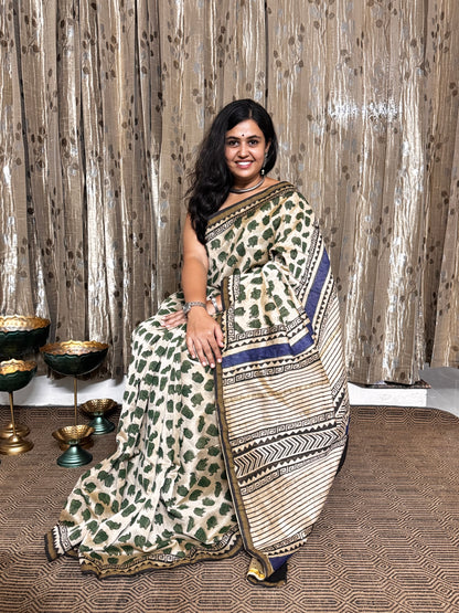 Beige Elephant Print Chanderi Silk Cotton Saree