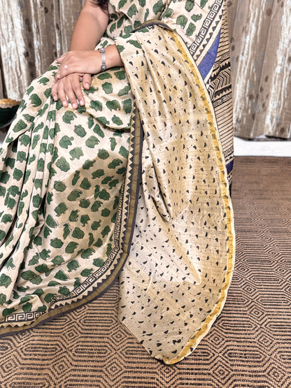 Beige Elephant Print Chanderi Silk Cotton Saree