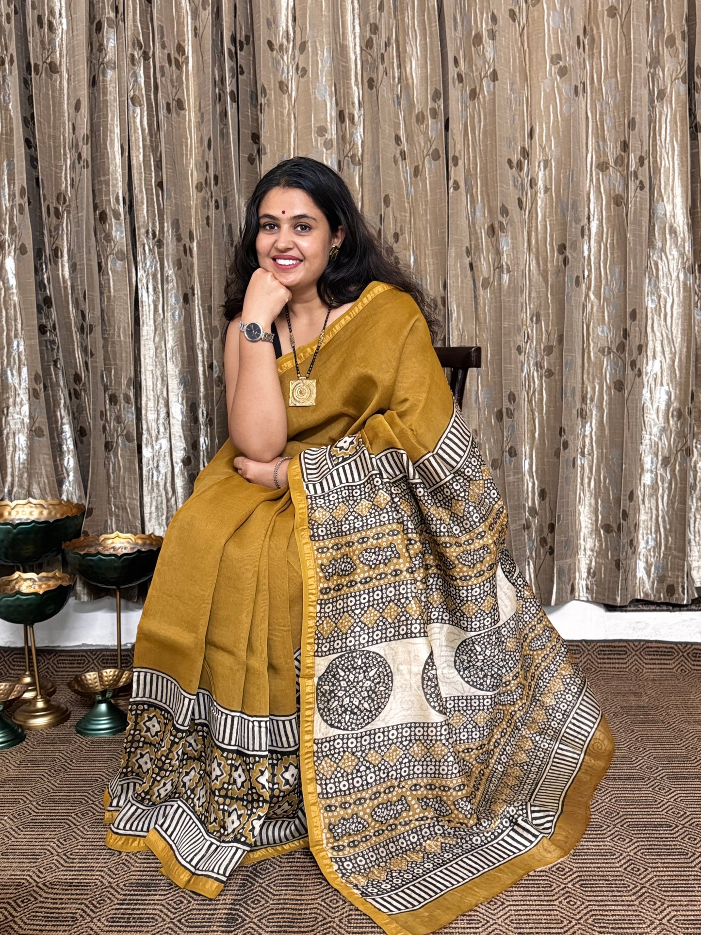 Mustard and Black Chanderi Silk Cotton Saree