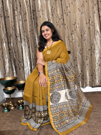 Mustard and Black Chanderi Silk Cotton Saree