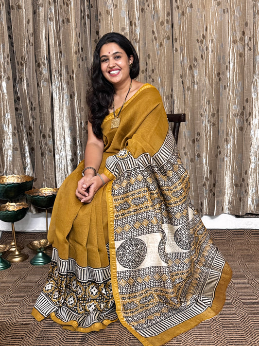 Mustard and Black Chanderi Silk Cotton Saree