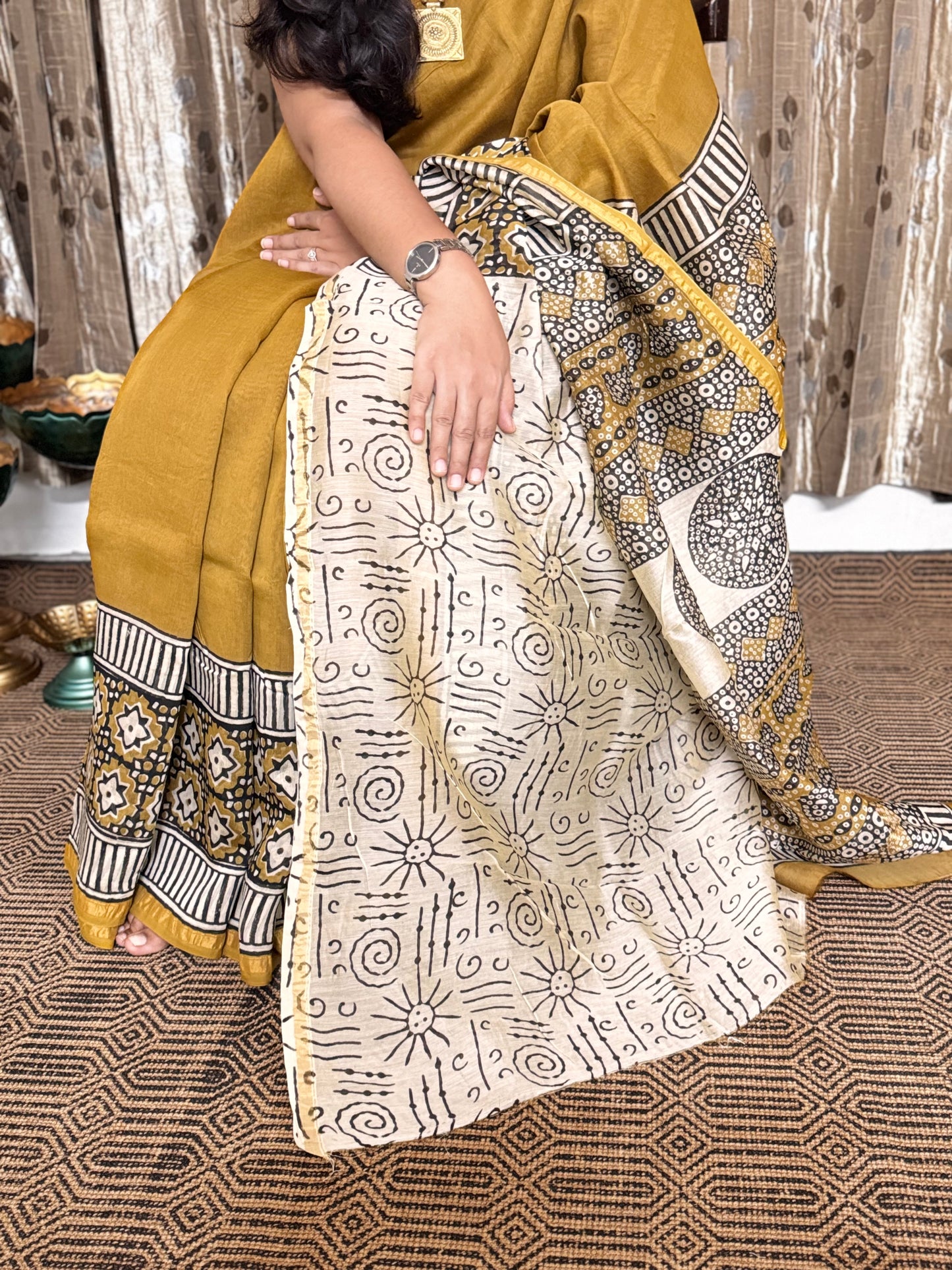 Mustard and Black Chanderi Silk Cotton Saree