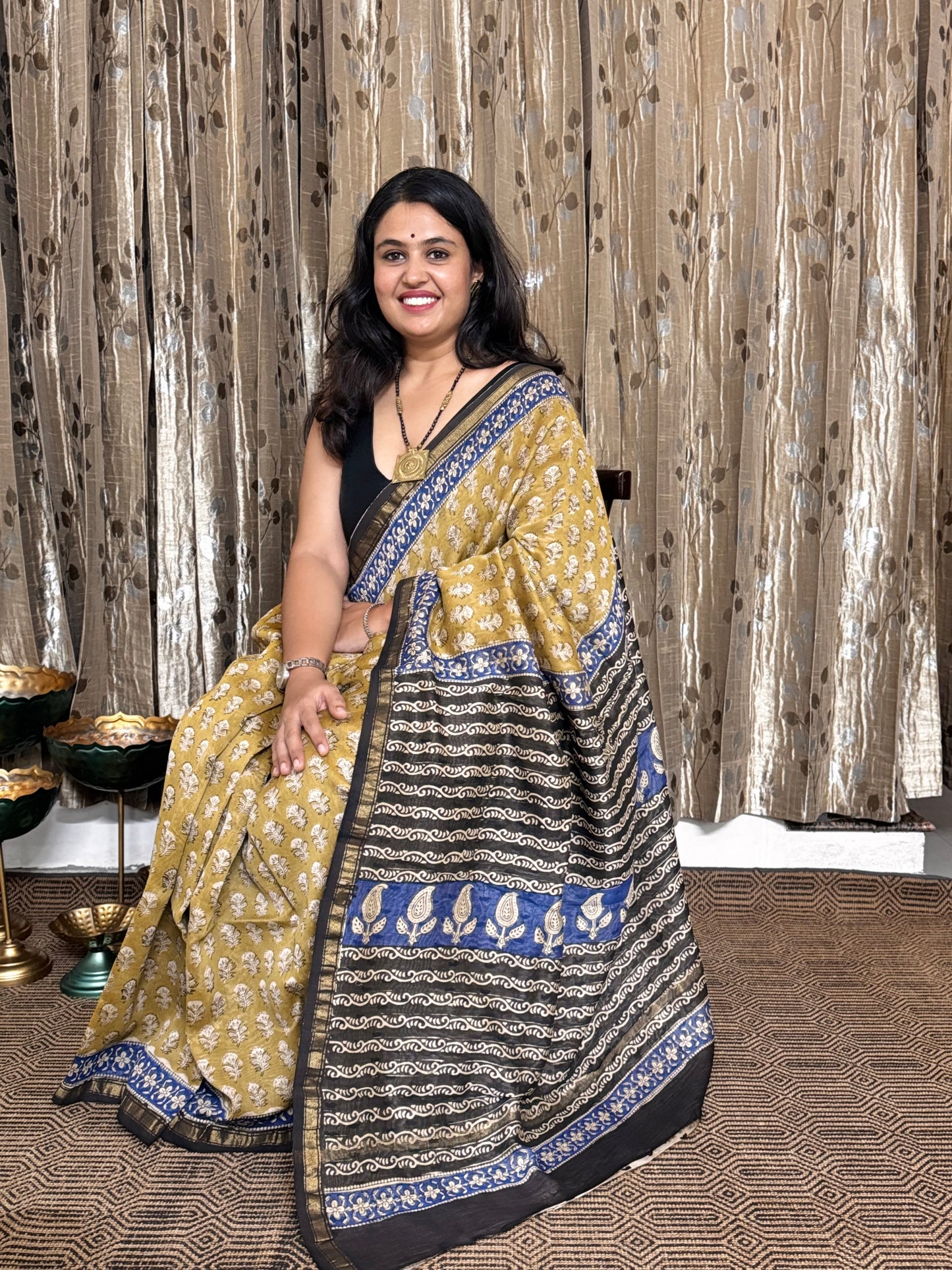 Mustard and Black Chanderi Silk Cotton Saree