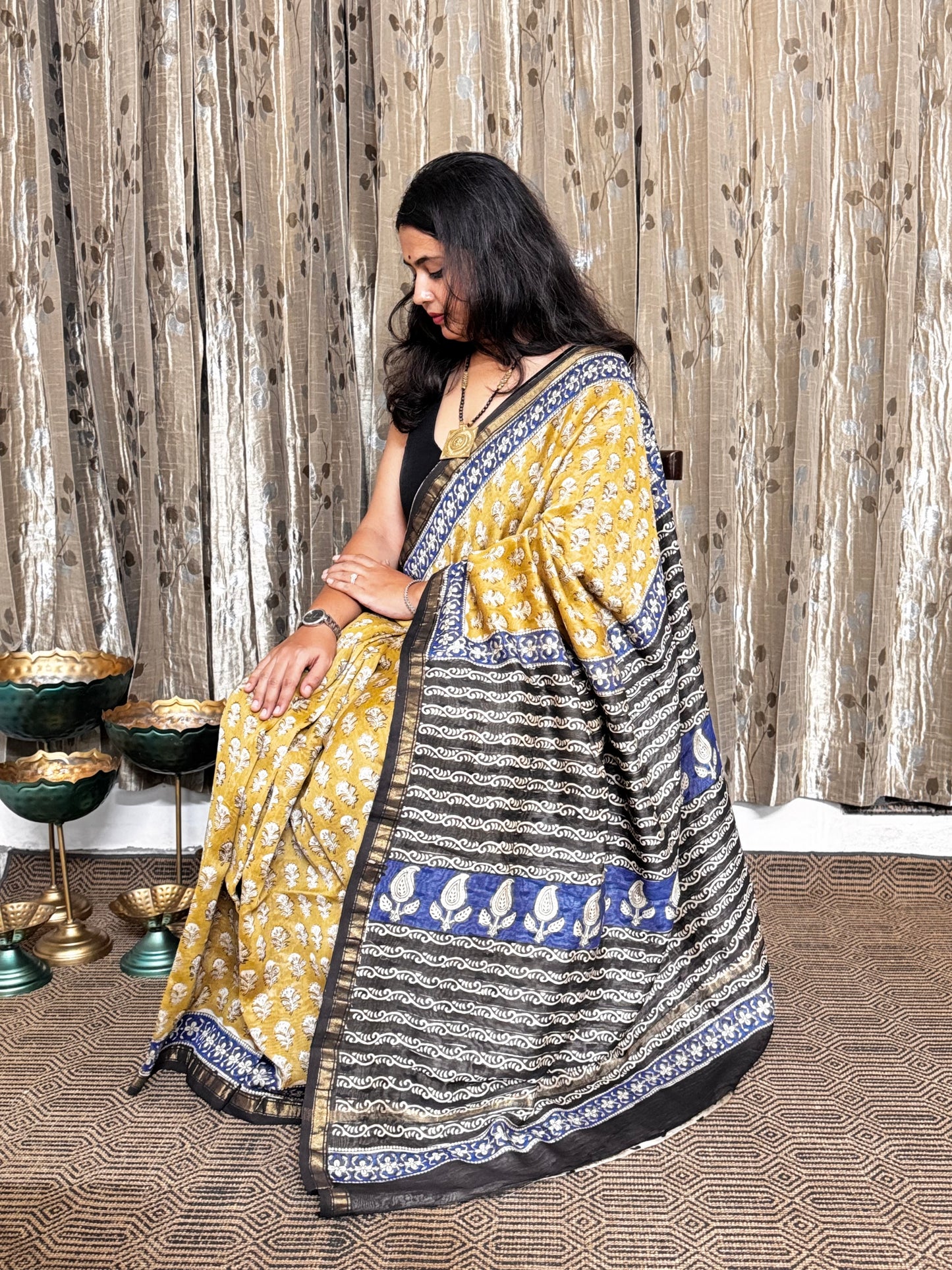 Mustard and Black Chanderi Silk Cotton Saree