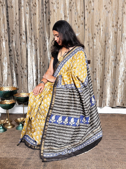 Mustard and Black Chanderi Silk Cotton Saree