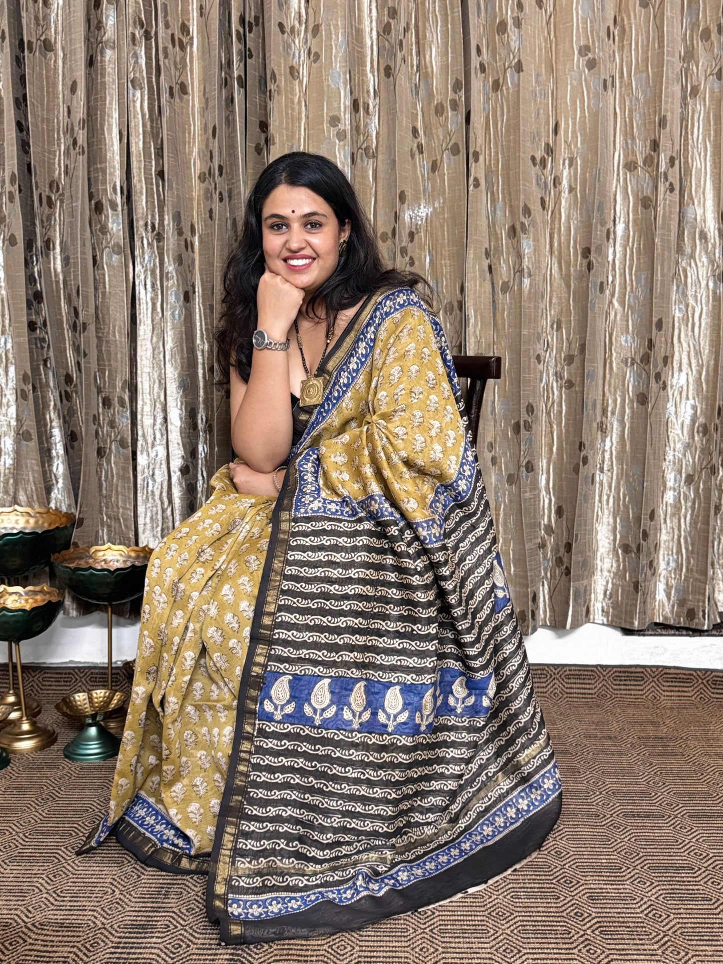 Mustard and Black Chanderi Silk Cotton Saree
