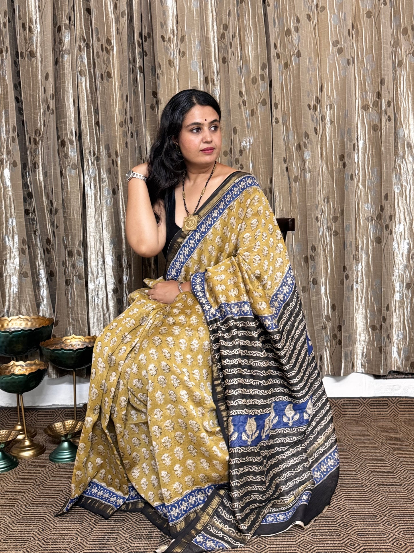 Mustard and Black Chanderi Silk Cotton Saree