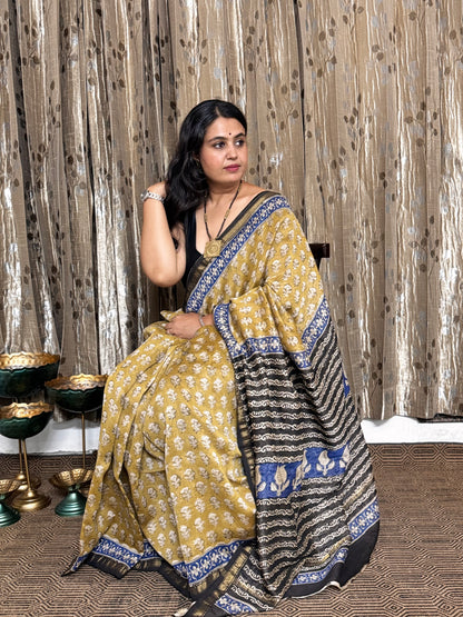 Mustard and Black Chanderi Silk Cotton Saree