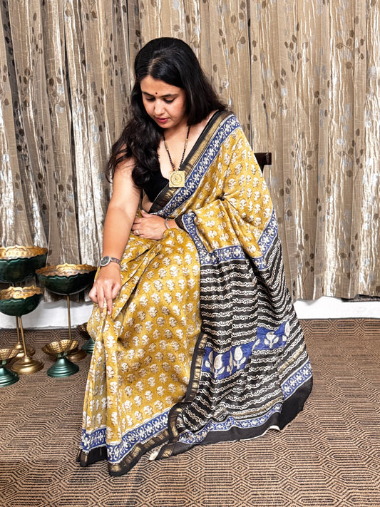Mustard and Black Chanderi Silk Cotton Saree