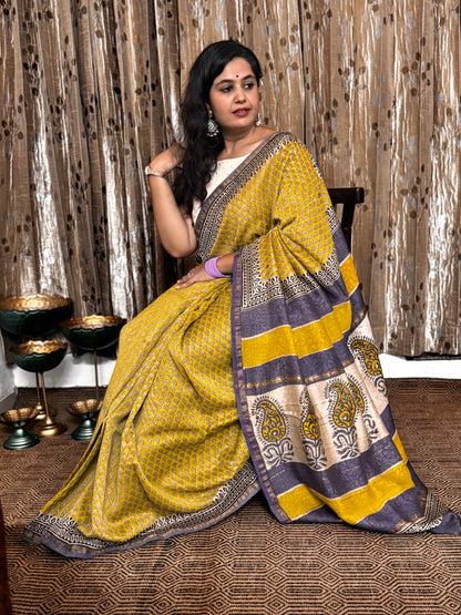 Mustard Chanderi Silk Cotton Saree