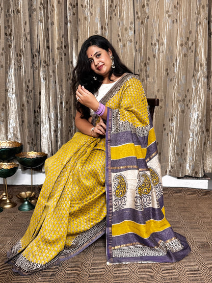 Mustard Chanderi Silk Cotton Saree