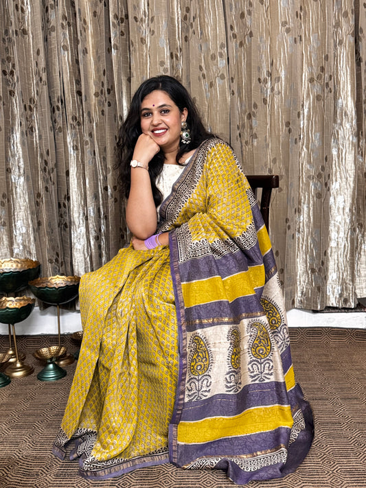 Mustard Chanderi Silk Cotton Saree