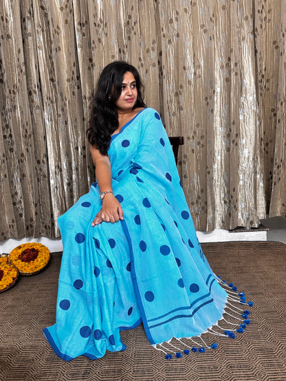 Polka Dot Blue Mul Cotton Saree