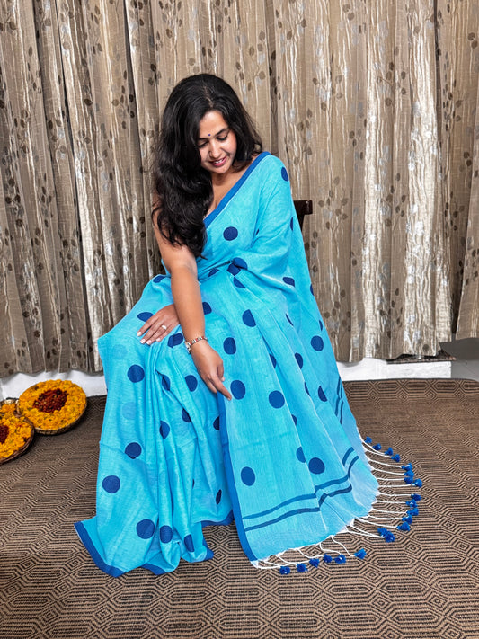 Polka Dot Blue Mul Cotton Saree