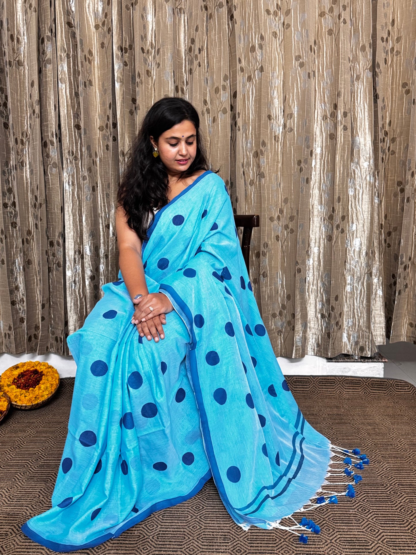 Polka Dot Blue Mul Cotton Saree