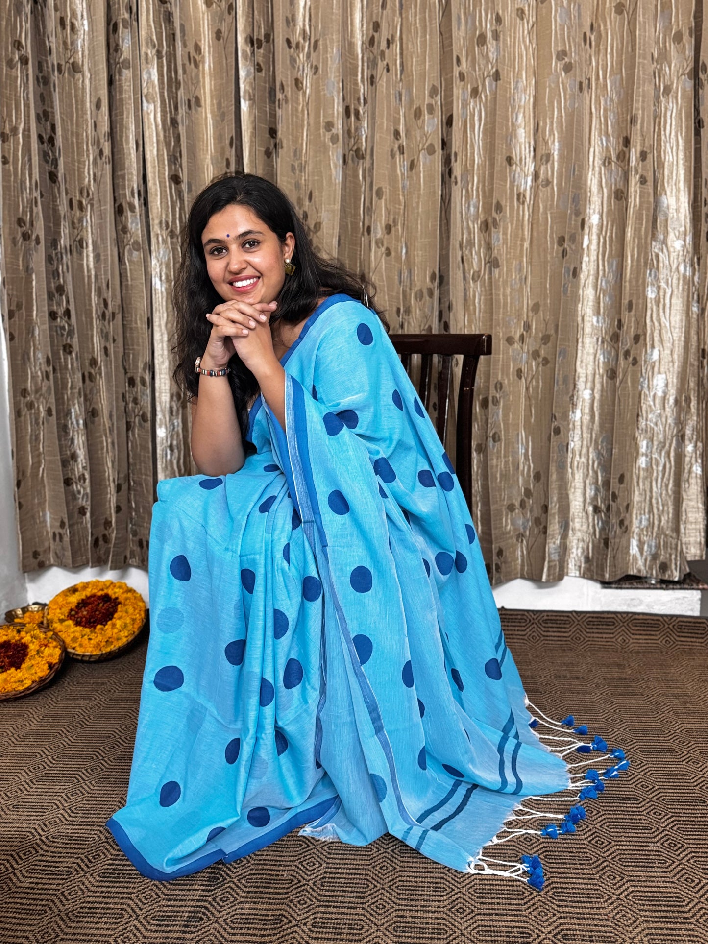 Polka Dot Blue Mul Cotton Saree