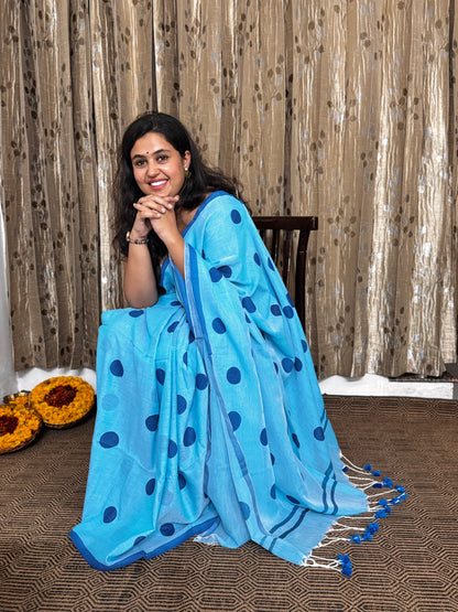 Polka Dot Blue Mul Cotton Saree
