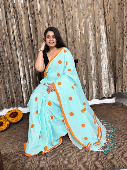 Sea Green Polka Dot Mul Cotton Saree