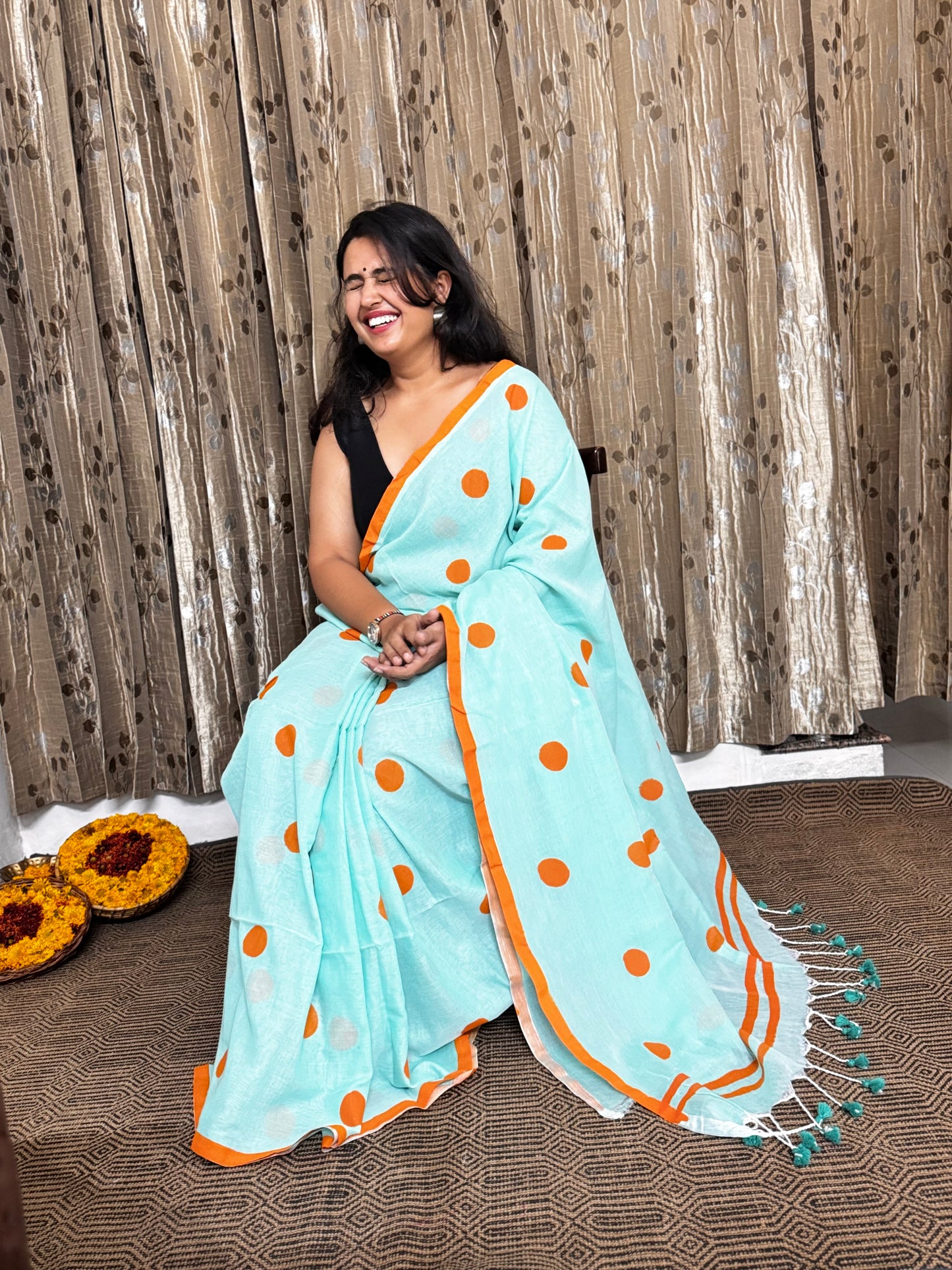 Sea Green Polka Dot Mul Cotton Saree