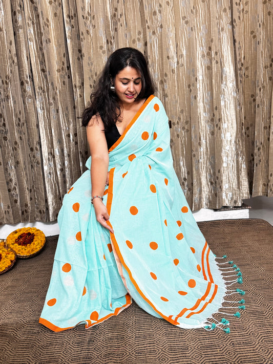 Sea Green Polka Dot Mul Cotton Saree