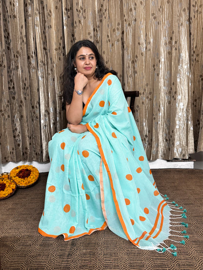 Sea Green Polka Dot Mul Cotton Saree
