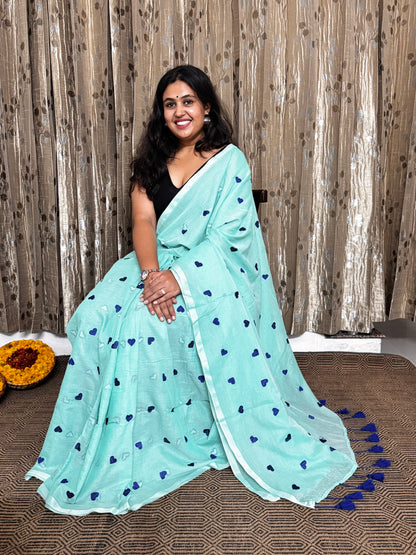 Sea Green Heart Embroidery Mul Cotton Saree