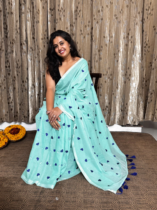 Sea Green Heart Embroidery Mul Cotton Saree