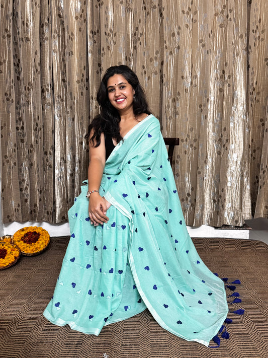 Sea Green Heart Embroidery Mul Cotton Saree