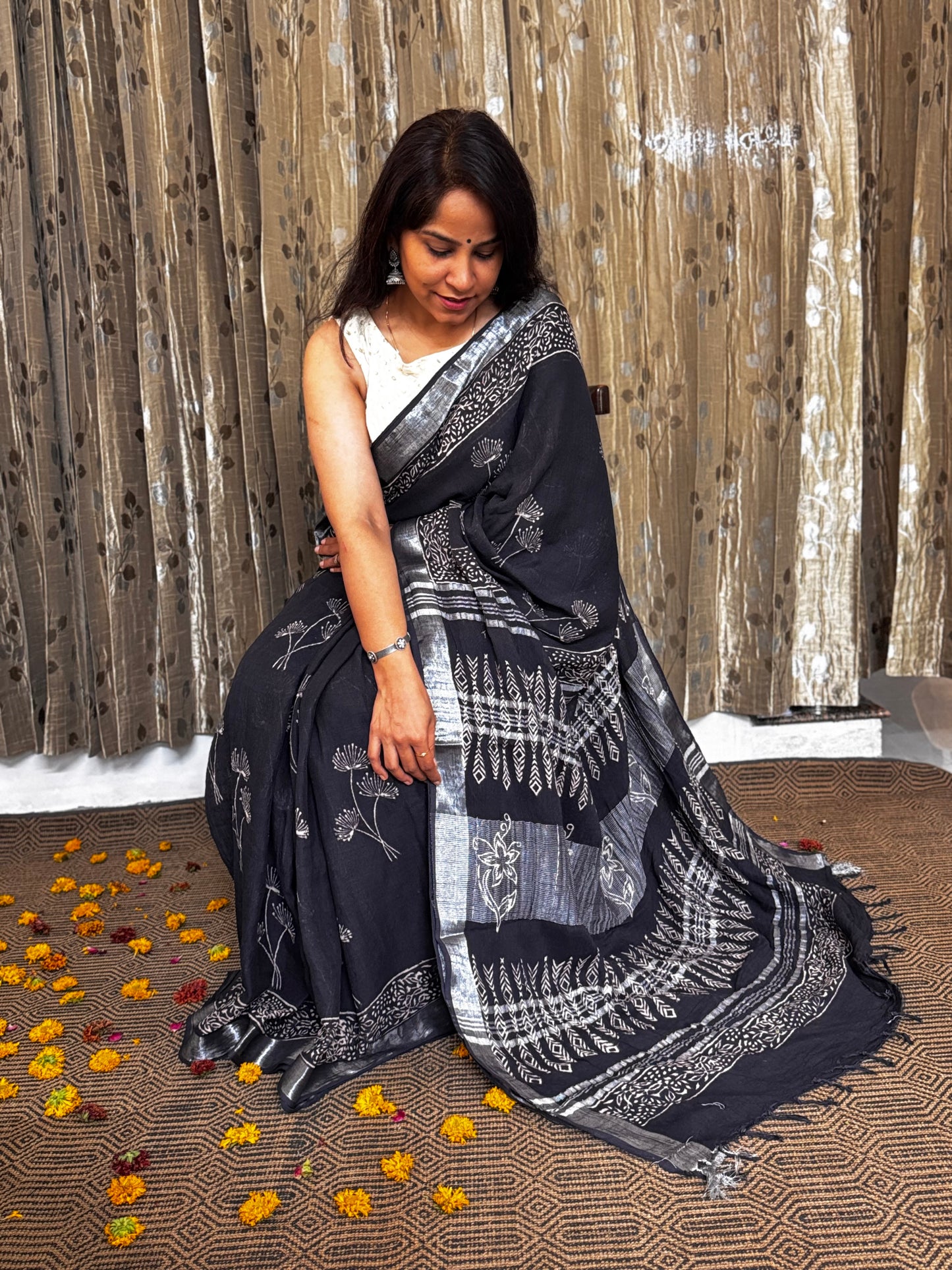 Black Linen Cotton Zari Saree