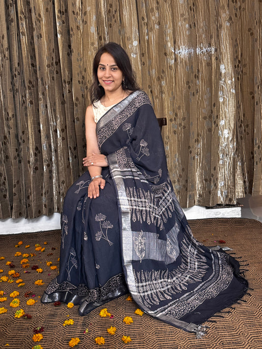 Black Linen Cotton Zari Saree