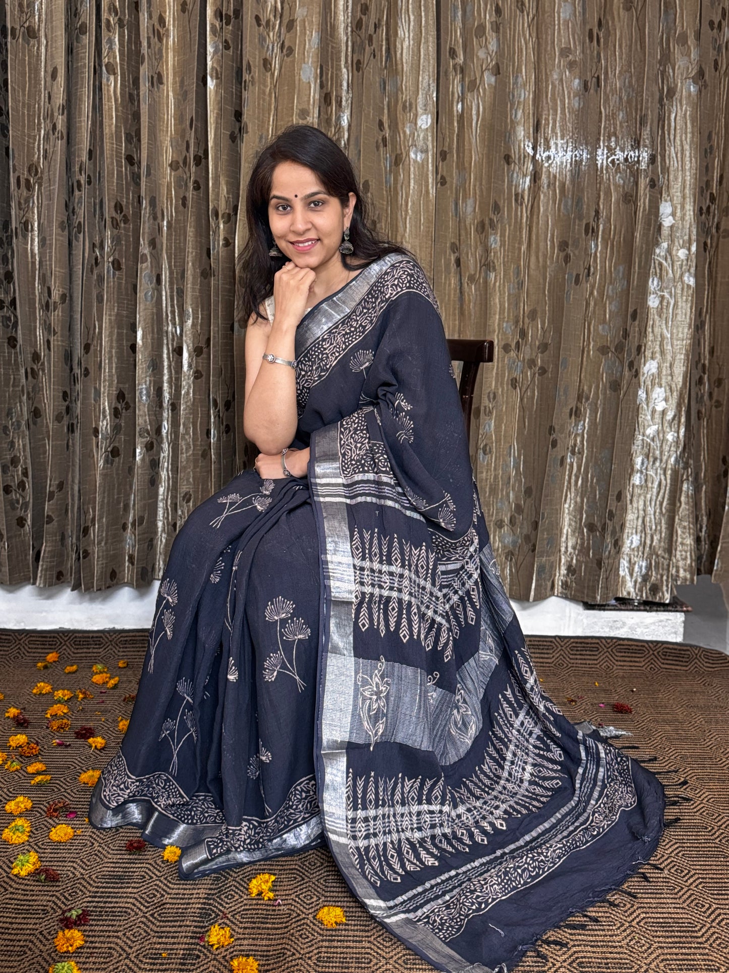 Black Linen Cotton Zari Saree