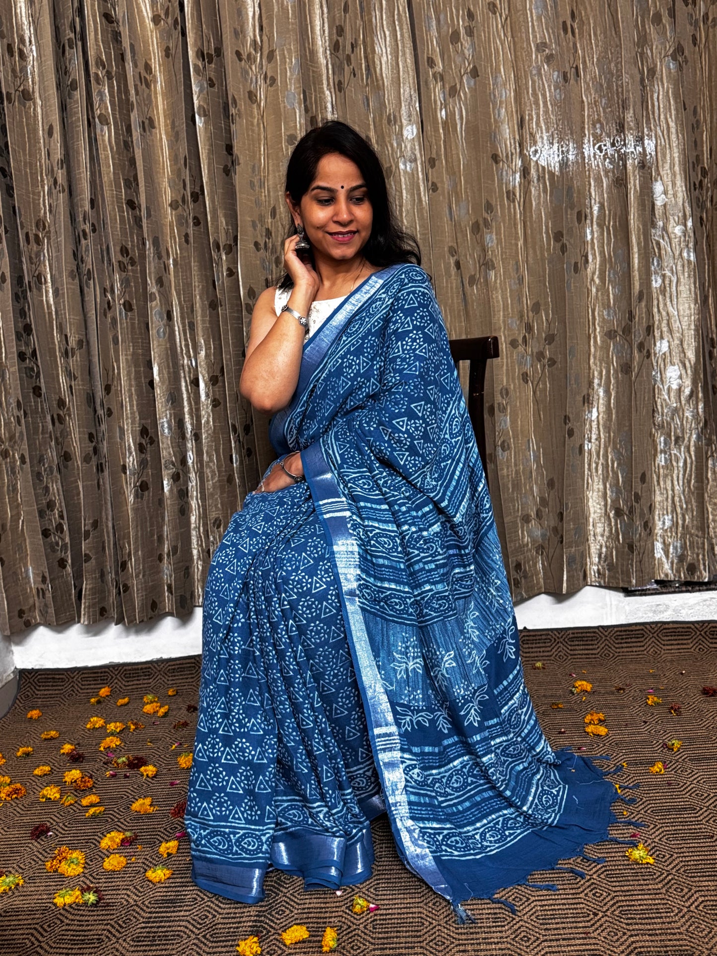 Blue Linen Cotton Zari Saree