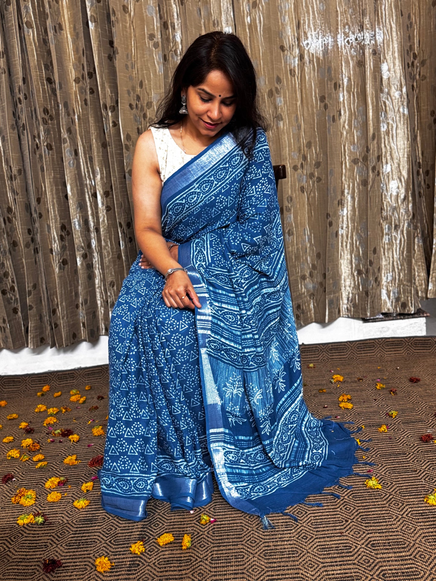 Blue Linen Cotton Zari Saree